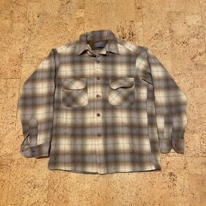VTG 60s 70s Pendleton Shadow Plaid Wool Loop Collar Fireside Board Shirt M Brown